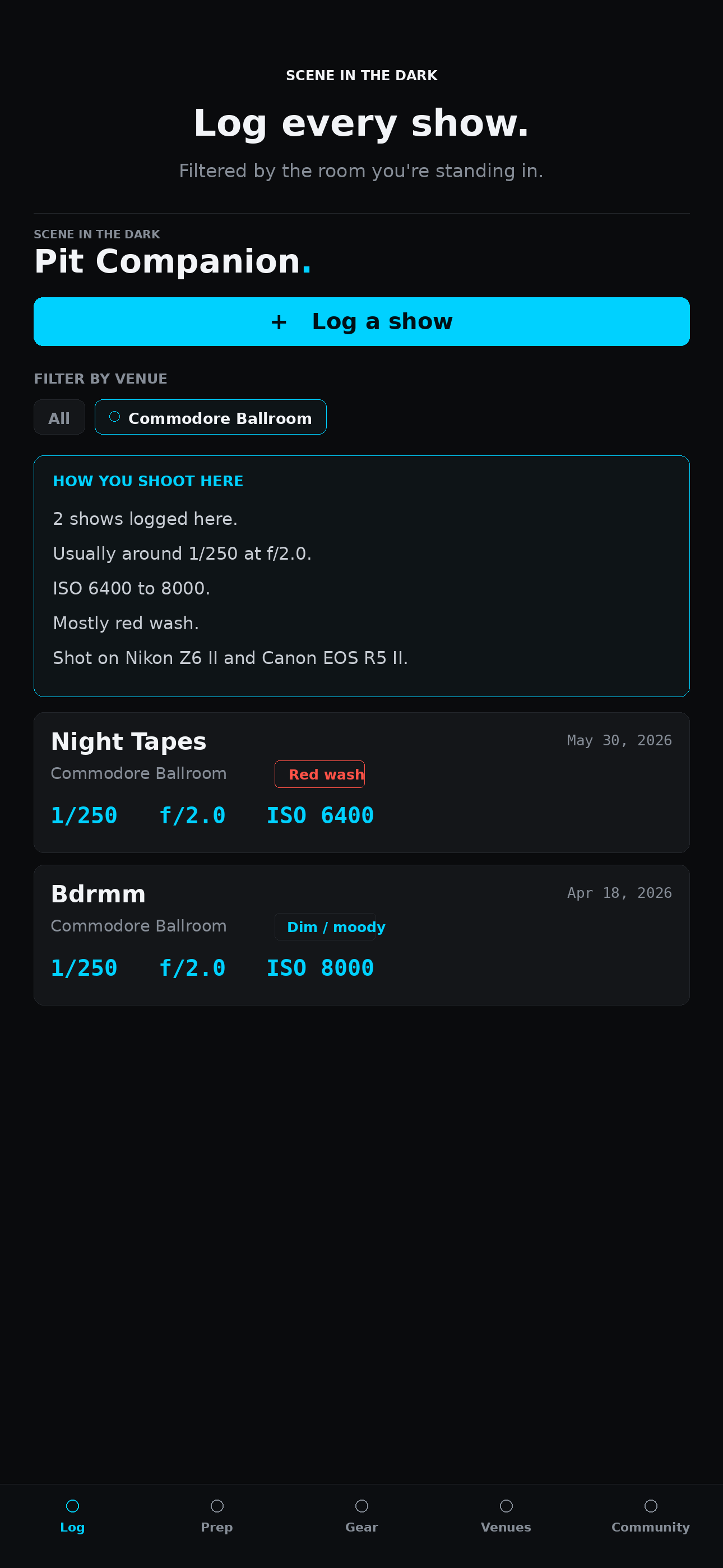 The Log: shows listed by venue with a How You Shoot Here insight.